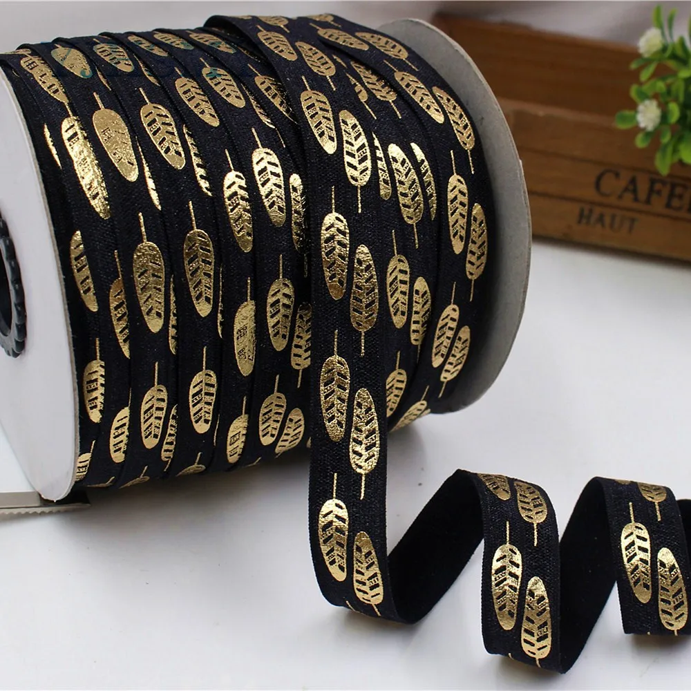 

YJHSMY E-17628-364,16 mm Gold foil leaves Bronzing printing elasticity Ribbon,10 yards DIY handmade hair accessories material