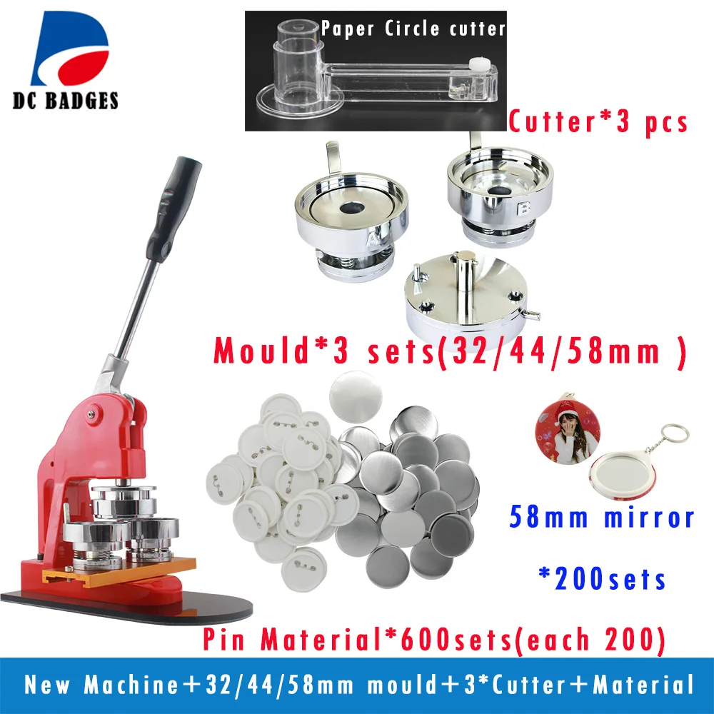 Free Shipping Button Machine with 32/44/58mm round mould +Badge material +mirror keychain+3 pcs paper cutter |