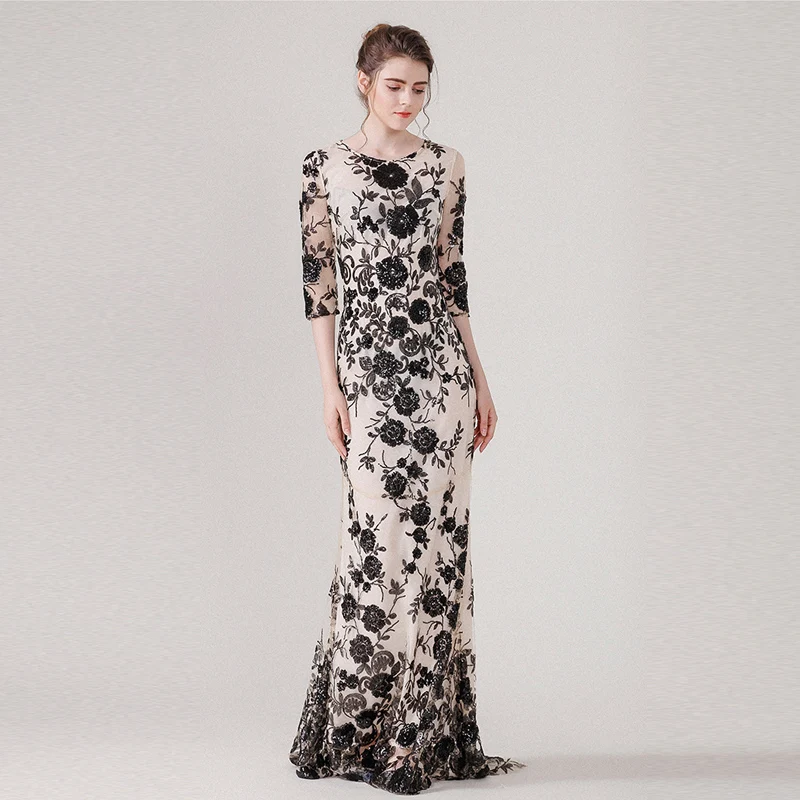 Nouveau Femmes Vintage Longue Mesh Qualité Haute Trois Trompette Printemps Manches Brodé D'été Quarts Et Noir sirène Robe Paillettes IrzgrEwxq