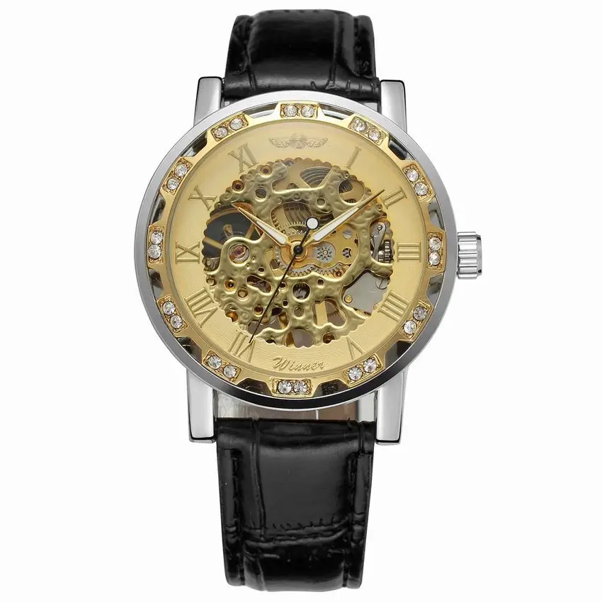 Модные прозрачные женские механические наручные часы-Скелетон Winner с римскими буквами в стиле ретро Королевского дизайна - Цвет: silver gold black