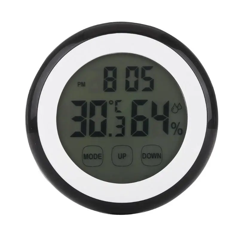 Крытый черный круглый сенсорный экран цифровой будильник с термометром гигрометр