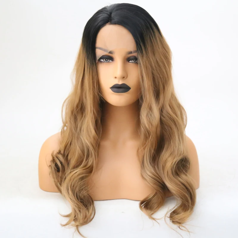

RONGDUOYI Heat Resistant Fiber Ombre Brown Natural Wave Synthetic Lace Front Wig Short Glueless Wigs for Women with Side Part