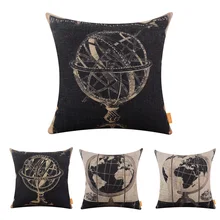 LINKWELL 1PC 45x45cm Retro Black American Style Globe Tellurion Man Cave Garage Burlap Cushion Covers Pillowcase Home Astroscope