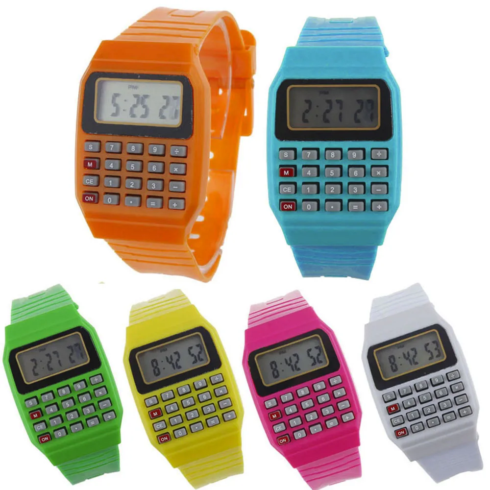 Мальчик и девочка дети калькулятор часы светодио дный жить светодиодные часы Малыш Силиконовые многоцелевой Дата Время электронные цифровые наручные часы reloj