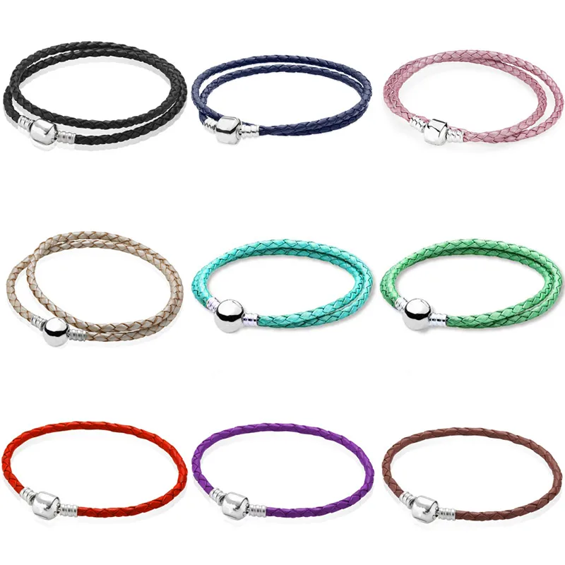 Multicolor Woven Leather Barrel & Ball Clasp Bracelet Fit Pandora Snake Chain Bracelet Bangle