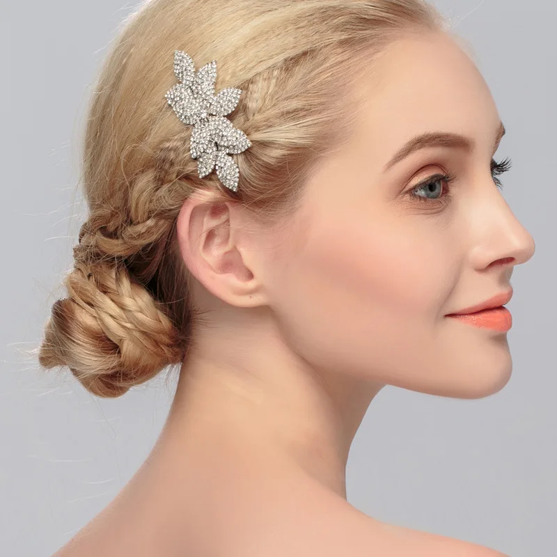 SLBRIDAL Art Deco серебряные прозрачные хрустальные стразы в форме листа свадебные расческа для волос Свадебные аксессуары для волос ювелирные изделия для женщин ювелирные изделия