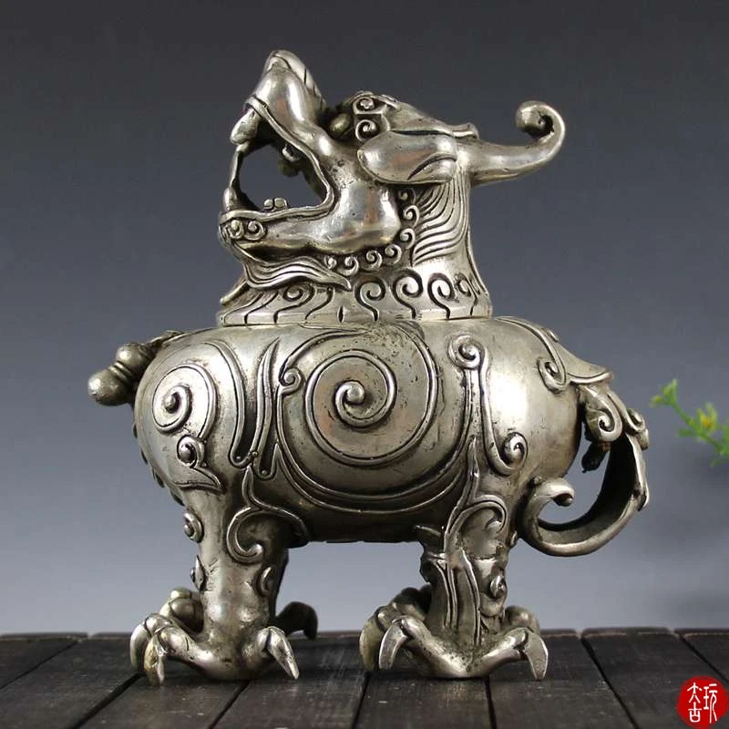

Antique QingDynasty silver Kirin censer statue,Free shipping