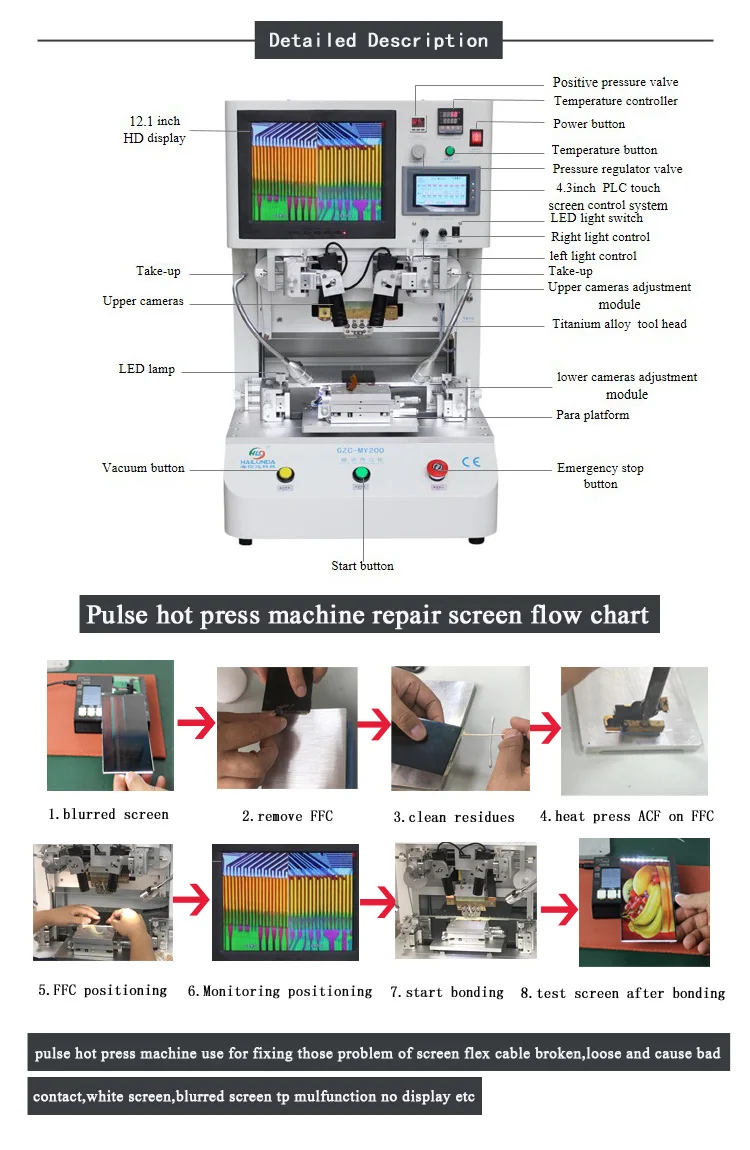 Гибкий кабель машина для ремонта ЖК-экрана импульсный горячий пресс ЖКД гибкие кабели лента FPC ACF склеивающая машина с 12,1 дюймов Disply