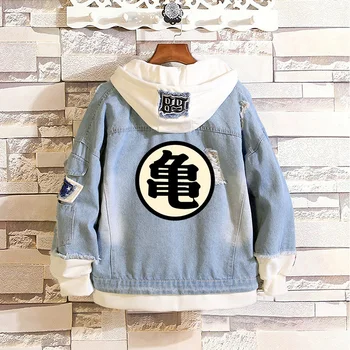 

Fashion False Two-Pieces Coat Anime Dragon Ball Z Denim Jackets Frayed Kame Sennin Cosplay Hooded Jean Jacket Loose Outerwear