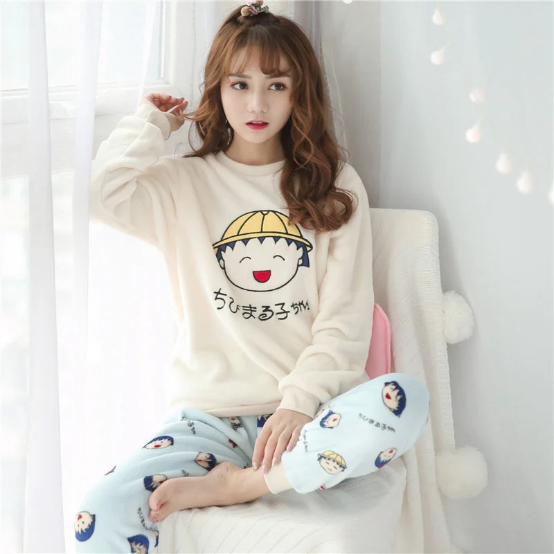 

New Arrival 2 PIECE Cute top + long pants Pajama Set Nightwear Pijama women lingerie Flannel Winter Warm Pyjama S-XXL