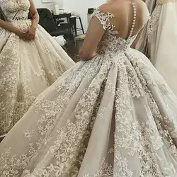 Vestidos novias boda sencillo кружевное свадебное платье с рукавами-крылышками и аппликацией цвета шампанского