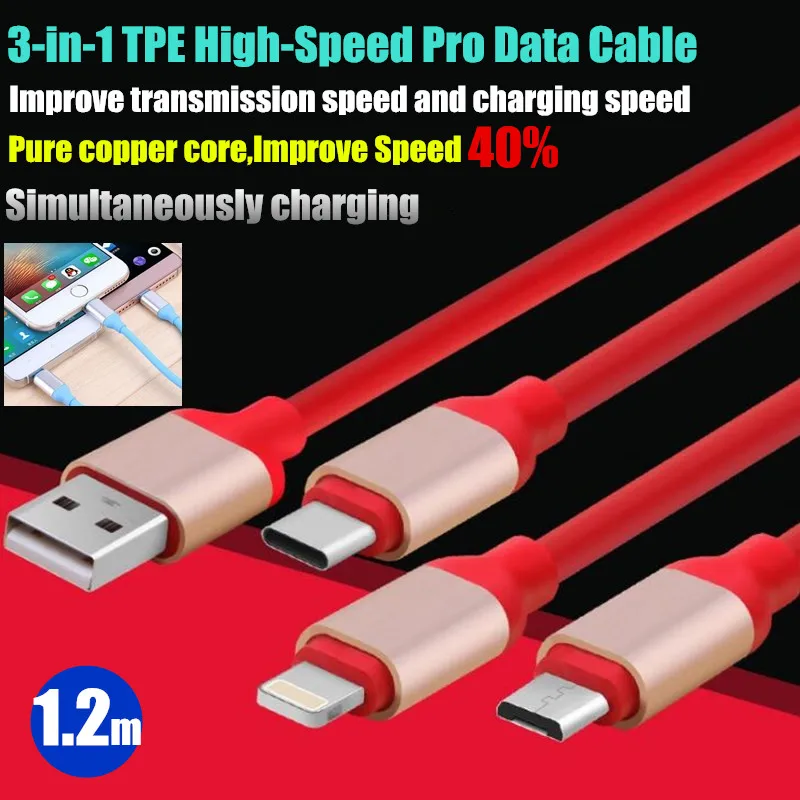 

400p 3 in 1 Pure Copper Core TPE High-Speed Data Cable,Improve Speed&Fast Charging 40%,For iPhone 8P Type-C Micro USB,2.1A,1.2m