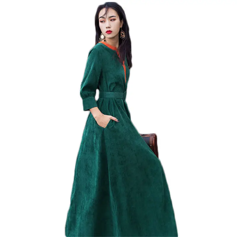 

Corduroy Dress Retro Women Fashion Casual Autumn Color Matching Slim Elegant Maxi Vintage Dress Vestidos For Party Robe f1109