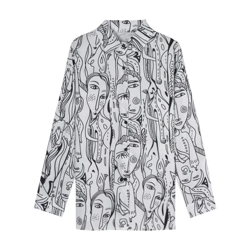 

Face Printed Female Long Blouses Turn Down Collar Three Quarter Sleeve Women Shirts Spring Autumn Casual Loose Blouse Wholesale