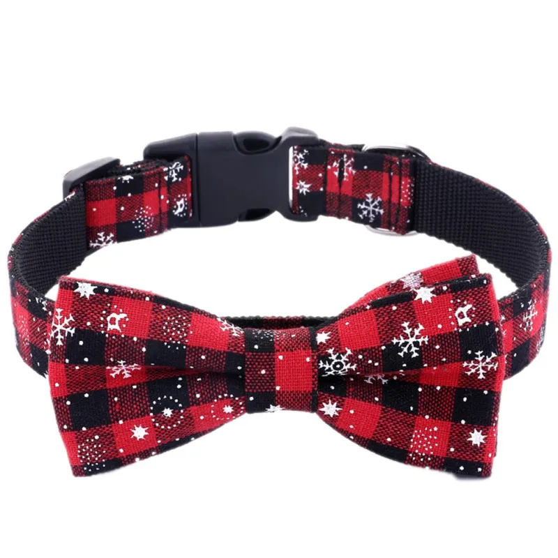

Pet Dog Christmas Collar Adjustable Bow Knot Collar Plastic Buckle With Plaid And Snowflakes Pattern Necklace For Dogs