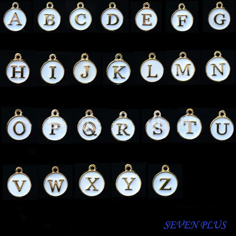 

High Quality 10 Pieces/Lot 12mm*14mm Delicate Gold color Double-face White Enamel Initial Charms 26 Letters A-S Alphabet Charms