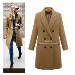 Повседневное шерстяное однотонное длинное пальто женское 2019 осенне-зимнее теплое пальто элегантные женские двубортные куртки блейзеры