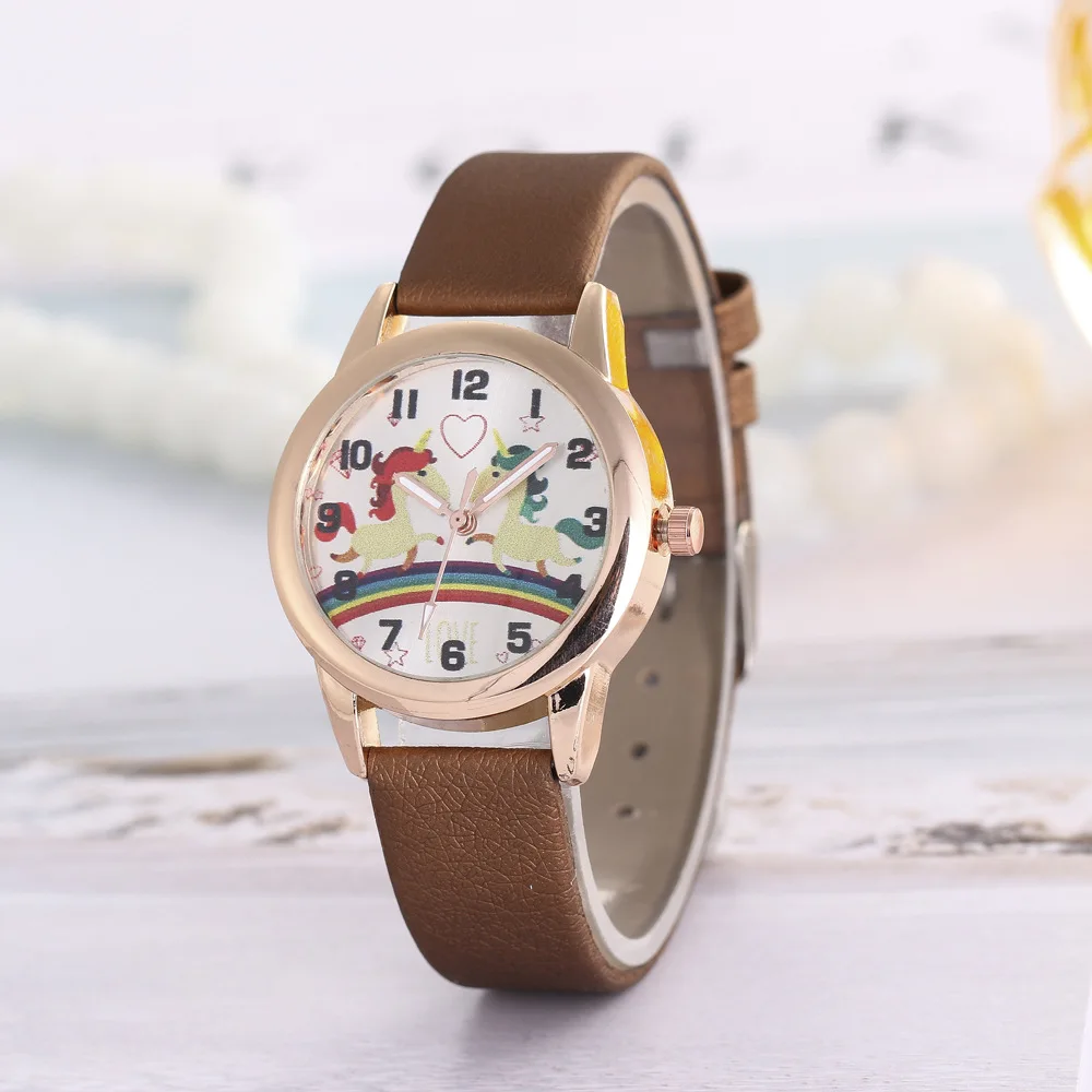 Children Watches Casual Leather Wristwatch Cartoon Student Rainbow Pony Love Digital Quartz Watch Child Dress Clock Xmas Gifts