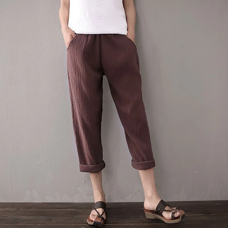 Летние женские хлопковые льняные узкие брюки размера плюс M-4XL/5XL/6Xl с карманами, повседневные однотонные плиссированные винтажные штаны с эластичной резинкой на талии