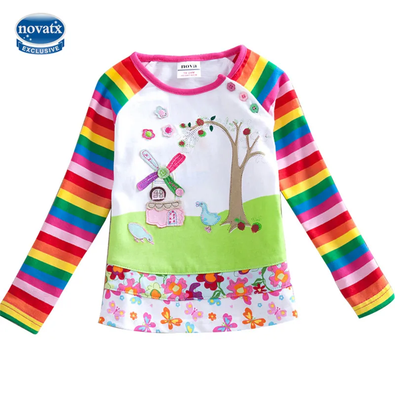 novatx F1411 Nova kids brands children clothes girls t-shirt scenery printed spring autumn long sleeves O-neck clothes for girl khaki cut out cold shoulder round neck long sleeves causal t shirt