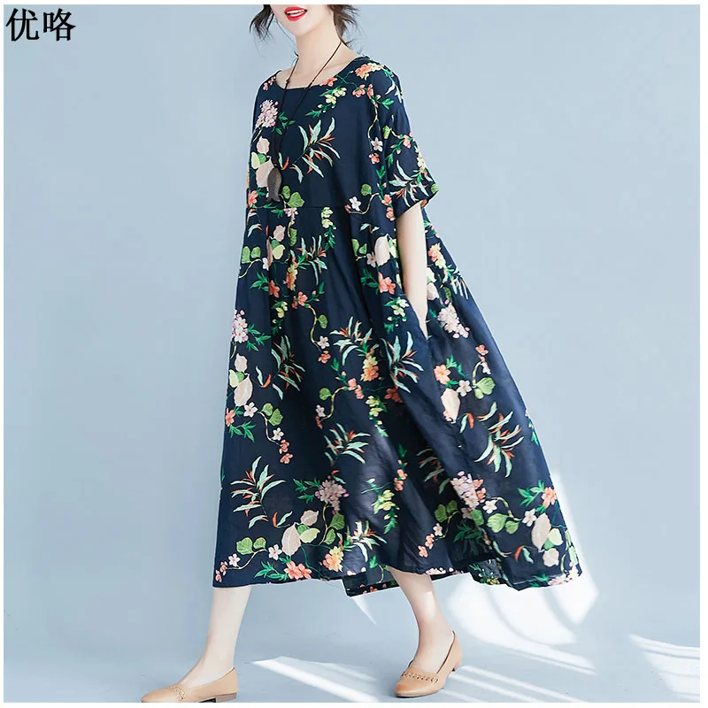 Billig Plus Größe Kleider Für Frauen 4XL 5XL 6XL 2019 Sommer Mode Kunst Drucken Floral Retro Kleid Femme Casual Lose Große größe Lange Kleid