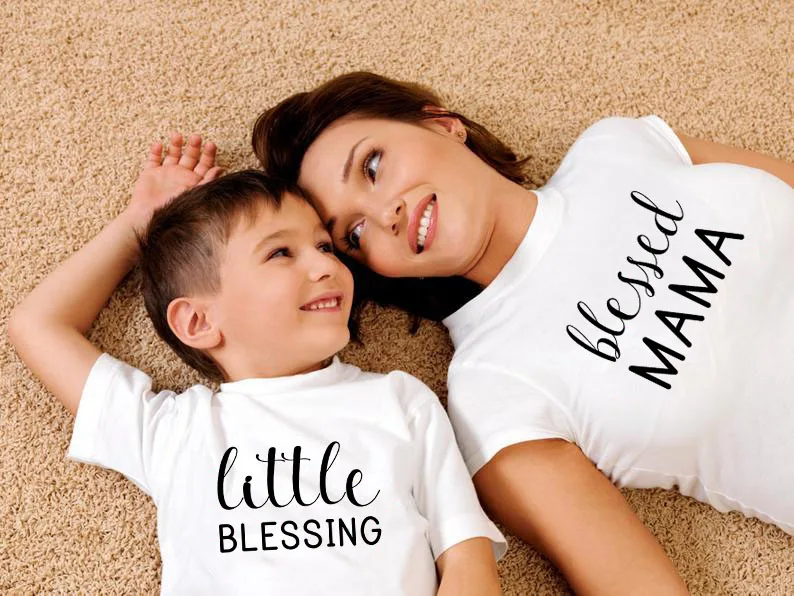 1pcs Blessed Mama and Little Blessing Family Matching Outfits Mother Daughter Son Clothes Look Tshirt Mommy and Me Clothing