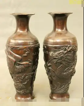 

Free shipping S02007 11" Classic Chinese Bronze Auspicious Dragon Phoenix Statue Bottle Vase Pot Pair