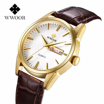 

WWOOR Brand Leather Strap Golden Dial Male Date Clock Men Fashion Quartz-Watch Analog Wristwatches for Men Relogio Masculino