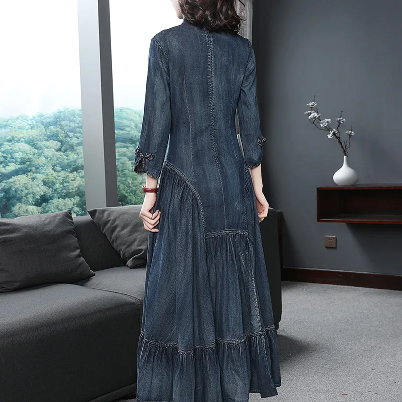 Wq446 Mode Picture 2018 Bonne Rétro Qualité Plus De Robes Mince Automne Denim Coton Couture Femelle 100 Robe Ruches Marque wUxCpTqU