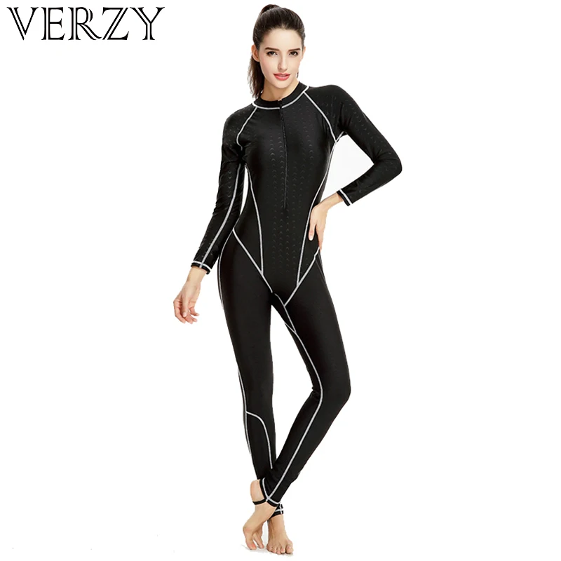 

Solid Black Dark Blue Women's Wetsuit 2017 New One Long Sleeves Quick Dry Fitness Slim Female Swimsuit One-piece Plus Large Size