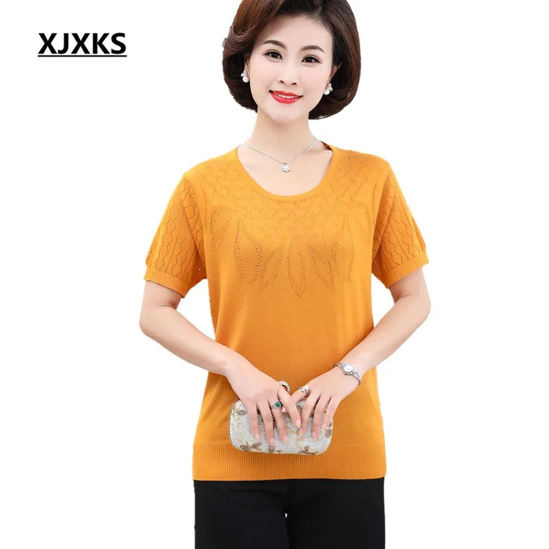 

XJXKS Women's T-shirt 2019 summer new fashion diamond-encrusted thin loose plus size T-shirt women's short-sleeved top