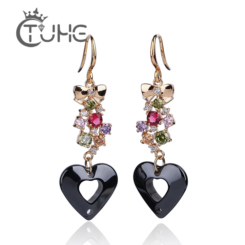 

2018 Trend Fashion Women Crystal CZ Long Heart Earrings Colorful Vintage Statement Women Ceramic Earrings for Women Jewelry