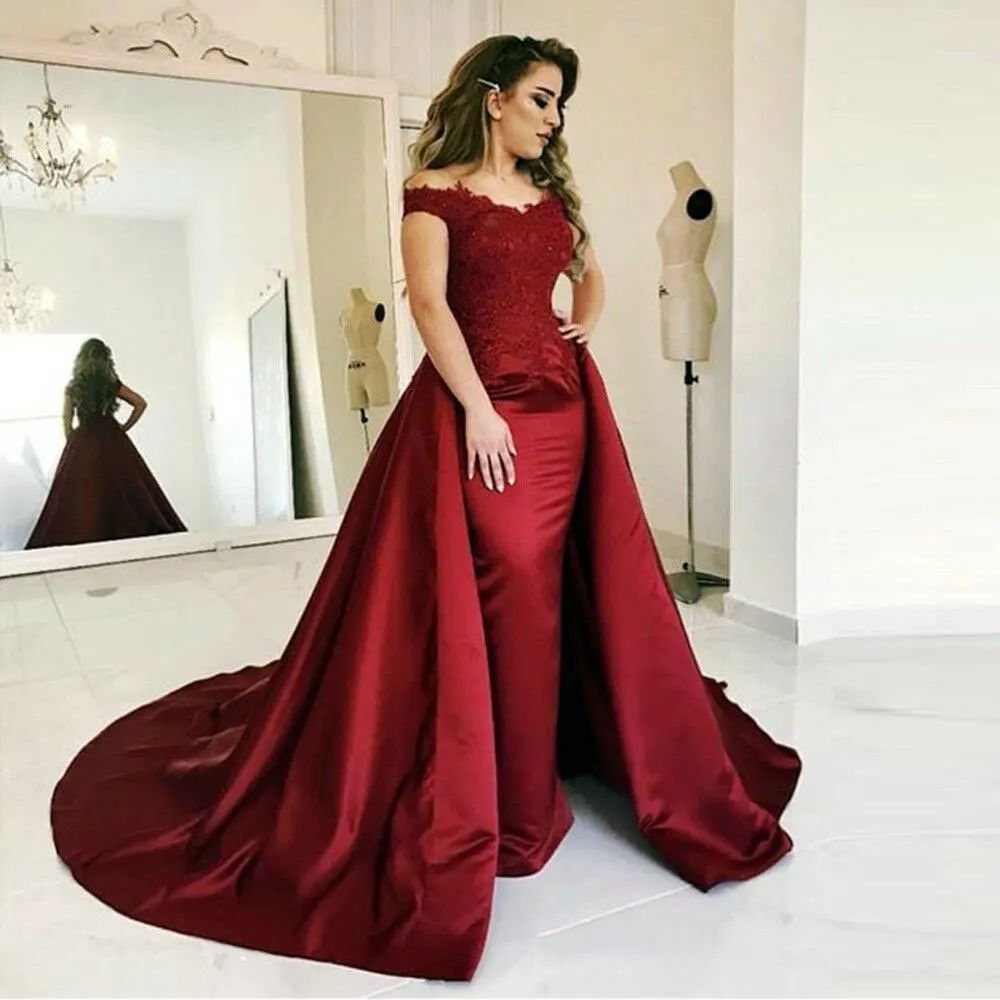 

New arrival Elegant Evening Dresse Formal lace flowers plus size Party Gown 2019 vestido noiva sereia satin Burgundy prom party
