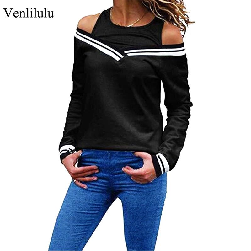 

Off Shoulder TShirt Women Long Sleeve Sexy T Shirts Female Pullover Spring O-Neck Tees Top Loose T Shirt for Woman 2XL