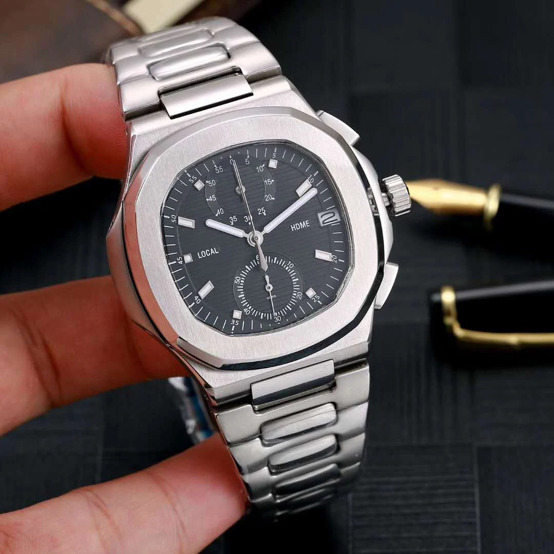 

Luxury Brand New Quartz Chronograph Men Watch Stopwatch Sapphire Stainless Steel Watches Silver Blue Black Dual Time Zone AAA+