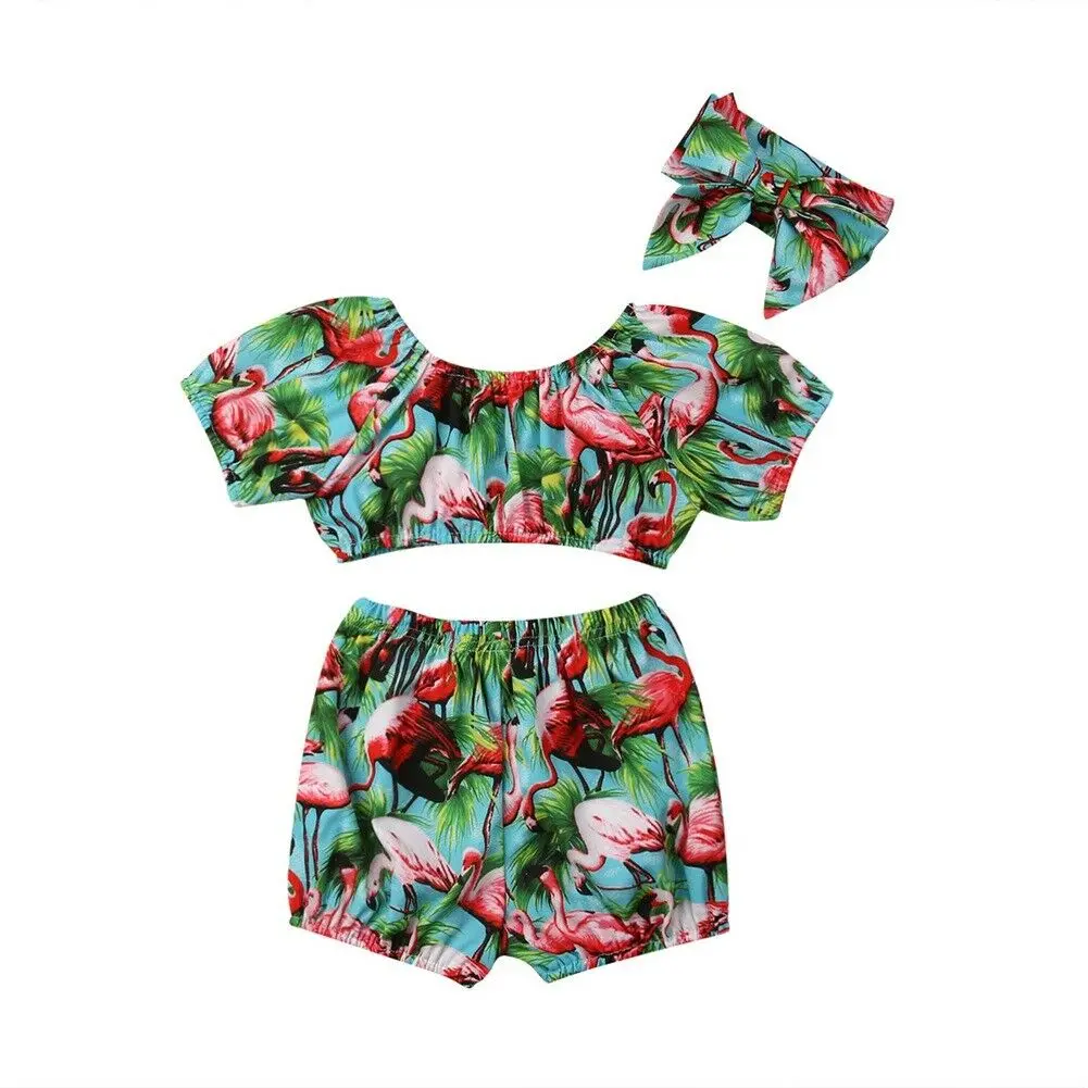 

Kids Baby Girl Off Shoulder Flamingo Top Shorts Outfits Clothes Summer Set 3PCS