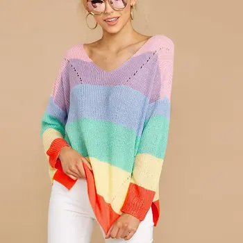 

Multi-Colored Autumn Women Pullovers Sweater Knitted Sexy V Neck Casual Jumper Fashion Slim Loose Side Split Female Sweaters