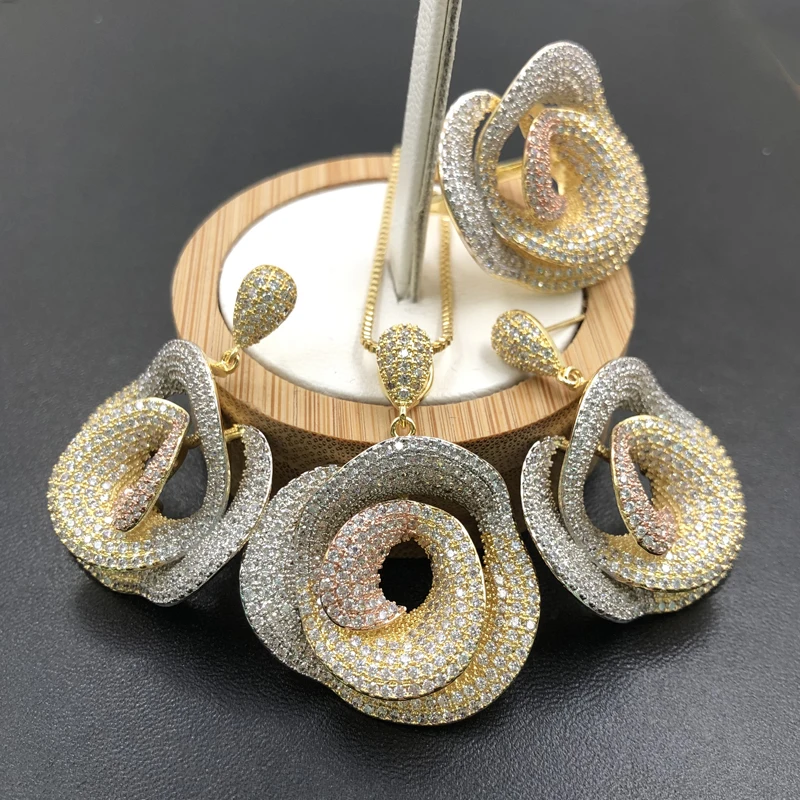 

Lanyika Jewelry Set Micro inlay Plated Artistic Spiral Rose Full Zircon Necklace with Earrings and Ring Anniversary Trendy Gifts