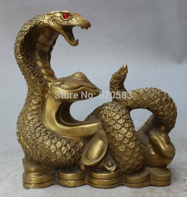 

Folk Chinese Brass Animals Year Zodiac Wealth YuanBao Coin RuYi Snake Statue