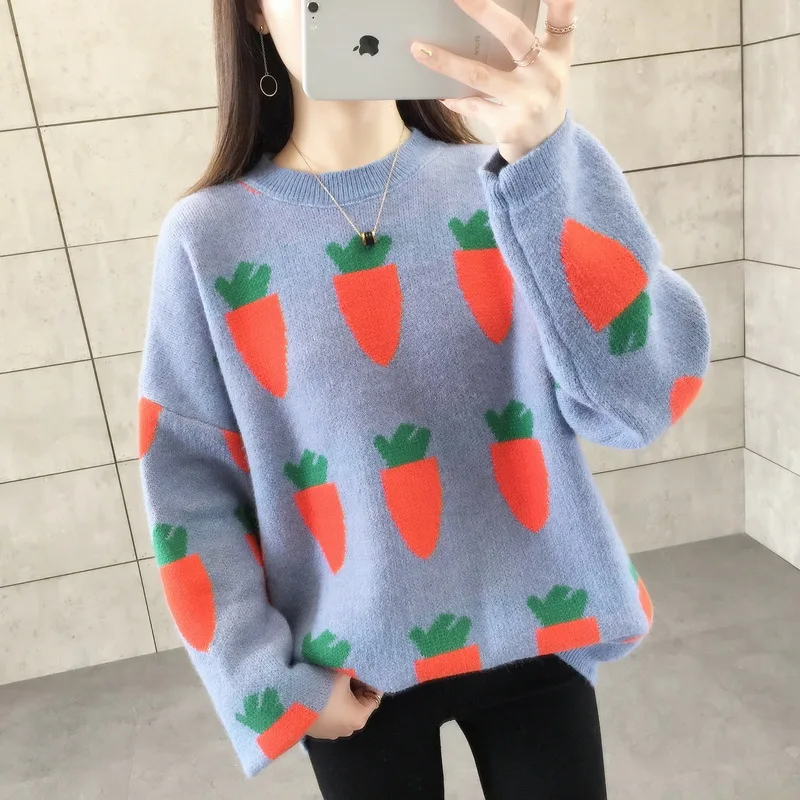 

Women sweater 2019 New Autumn winter loose pullovers carrot printed knitted pullovers coat thick warm for female