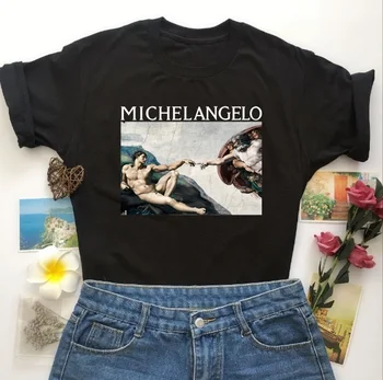 

HAHAYULE-JBHSummer Fashion Michelangelo Hands Creation Of adam Printed T-Shirt Women Tumblr Grunge Graphic Tee Casual Black Tops