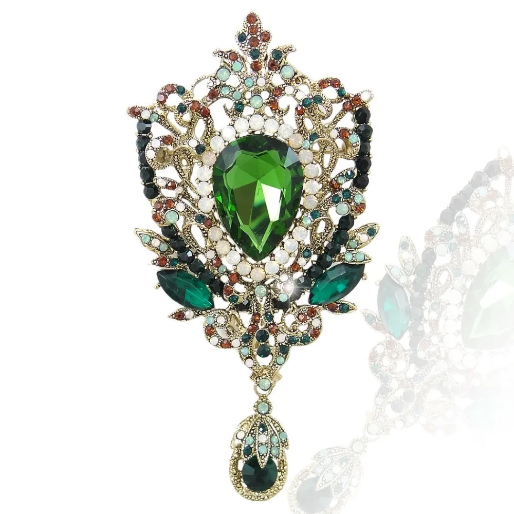 Vintage Style Emerald Green Vine Flower Brooch Pins Tear Drop