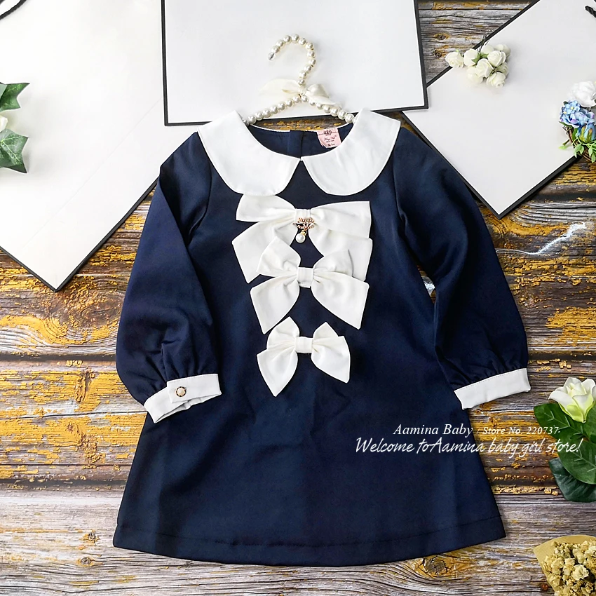 

6K592 Christmas NewYear 3 Bows Brand Princess Baby Girl Dress Fall Winter Party Kid Dress For Girl Wholesale Baby Girl Clothes