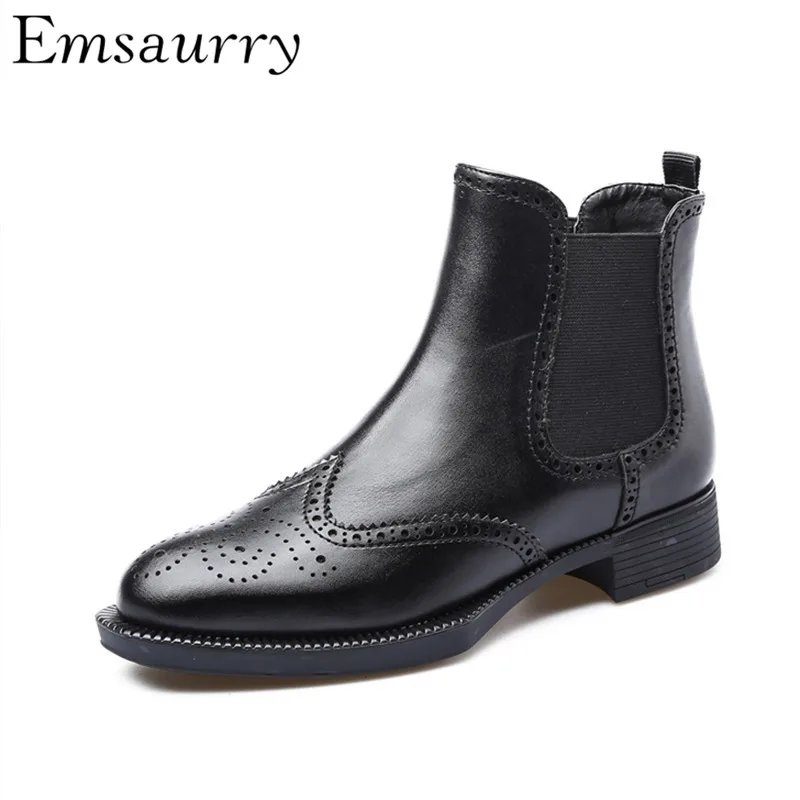 

Brogue Shoes Autumn Winter Chelsea Boots Slim Ankle Boots Women Black Patent Leather British Style Short Booties