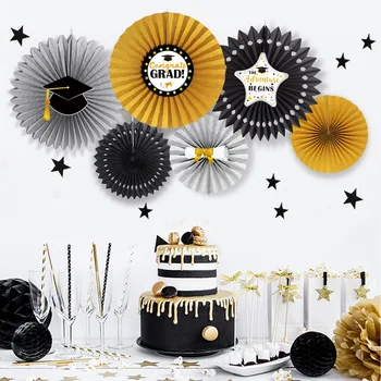

6 Pcs Gold Black Silver 45CM Large Origami Folding Fan Set with Decorative Card Graduation Party Ceremony Celebration Layout