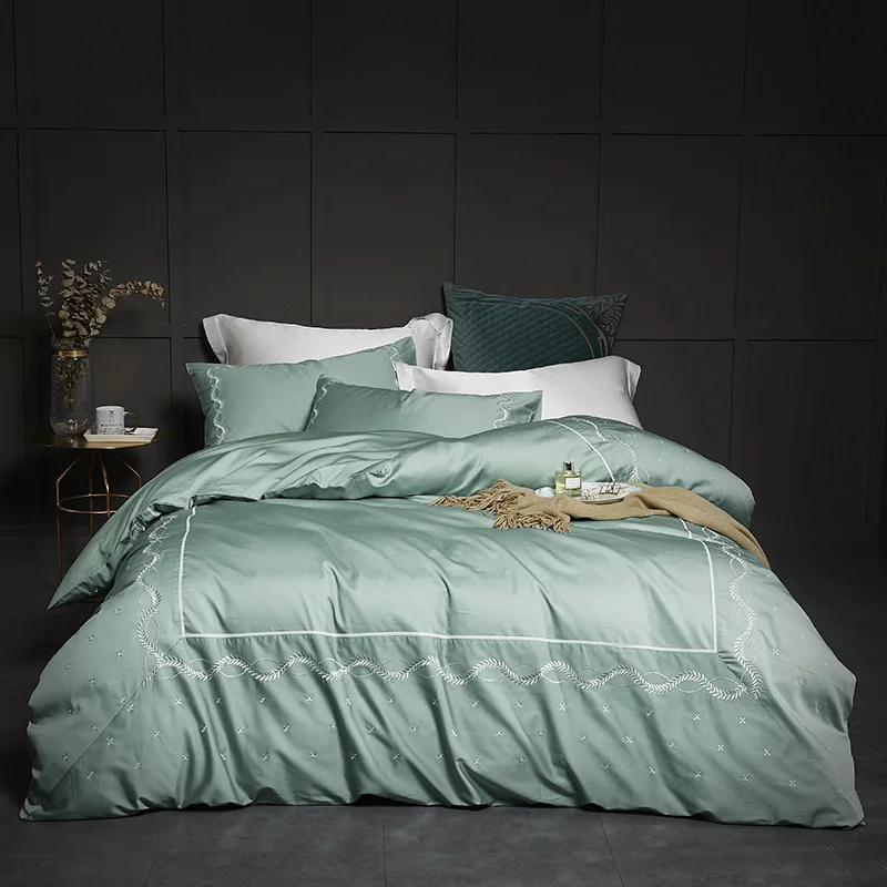 Fresh light green bedding set with beautiful embroidery 4pcs egyptian
