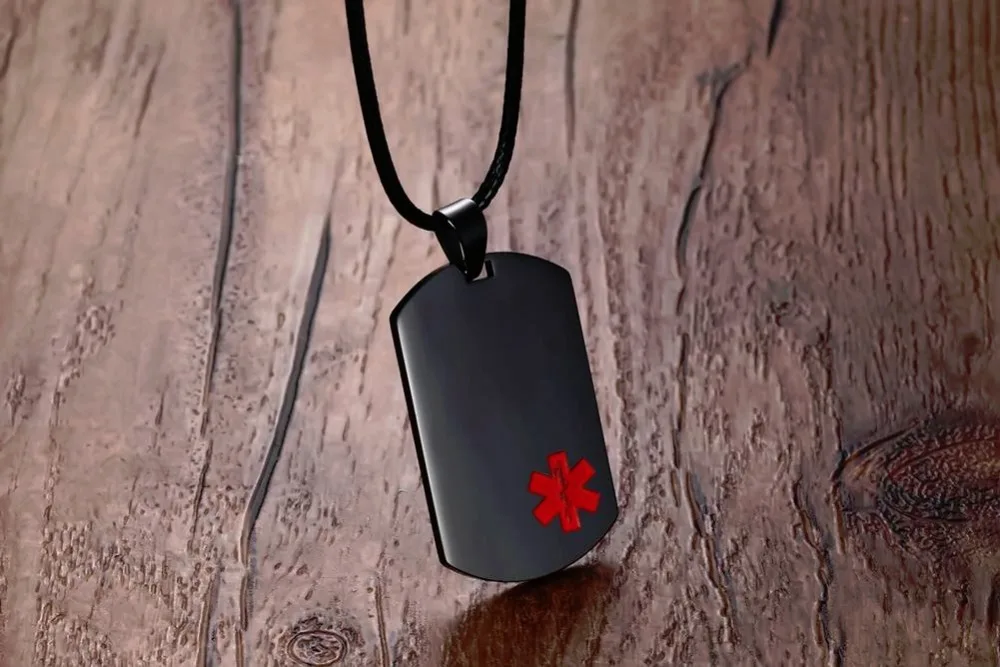 Mens Womens Necklaces Stainless Steel Medical Alert ID Dog tag Pendant Necklace in Black Unisex Fashion Jewelry , Free Engraving collares collier colar choker 11