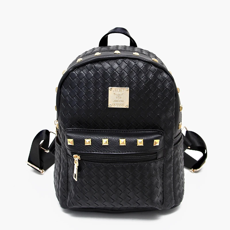 2017 New Fashion Leather Rivet Shoulder Backpack Women Newest Vintage Rucksack Soft PU Leather Bags Weave