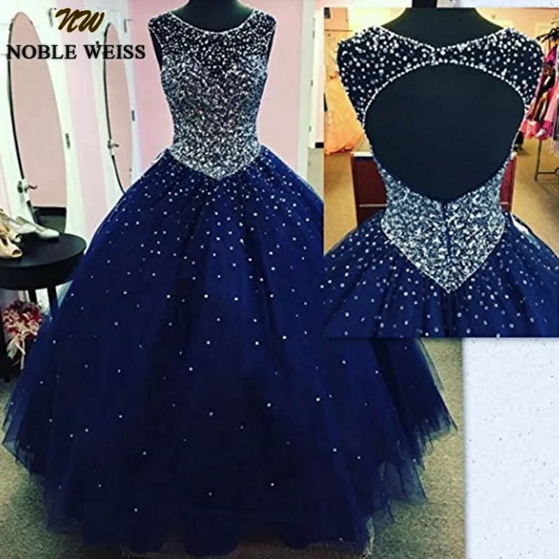 

NOBLE WEISS Sheer Scoop Neck Quinceanera Dresses 2019 Sweet 16 Ball Gowns Navy Blue Sparky Crystals Vestidos de Quince anos