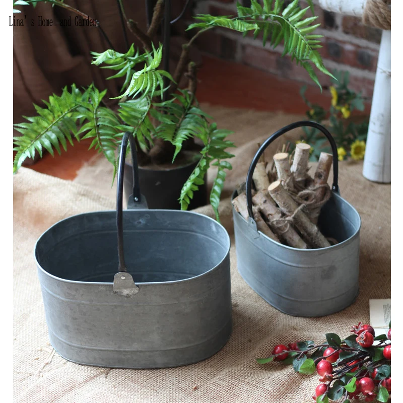 stack 2 pieces vintage retro galvanized metal buckets for multiple use (3)